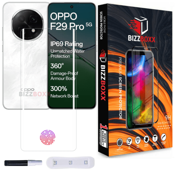 OPPO F29 Pro 5G UV Tempered Glass, Quad Curved, Ultra HD Clarity, Anti-Fingerprint, Full Screen Protection, Easy Installation Kit - (6.7 Inch, Pack of 1)- BizzBoxx