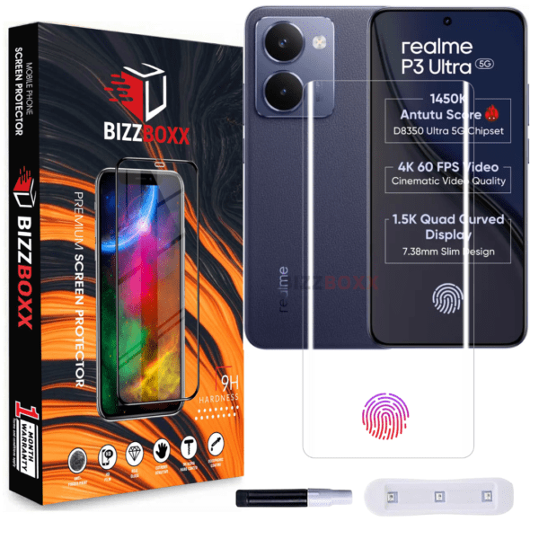 Realme P3 Ultra 5G Tempered Glass, Quad Curved, Ultra HD Clarity, Anti-Fingerprint, Full Screen Protection, Easy Installation Kit - (6.83 Inch, Pack of 1)- BizzBoxx