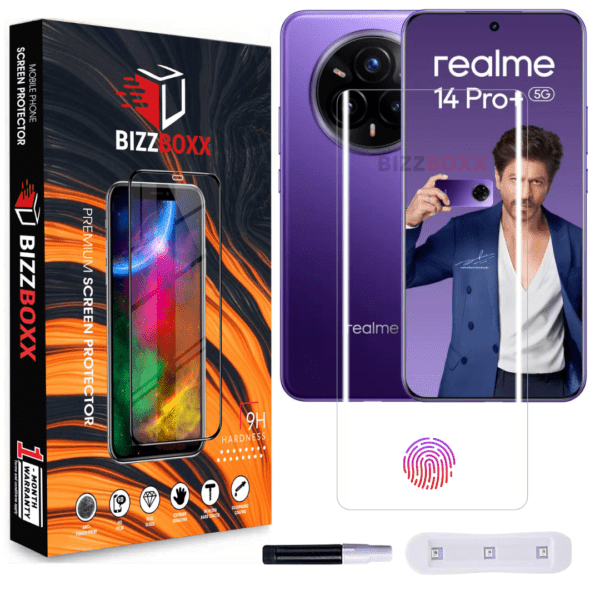 OPPO Realme 14 Pro+ 5G Full Glue Tempered Glass Screen Protector Guard With Curved Edges - High Definition, Full Glue Screen Guard, Glue Not Required (6.83 Inch, Pack of 1) - BizzBoxx