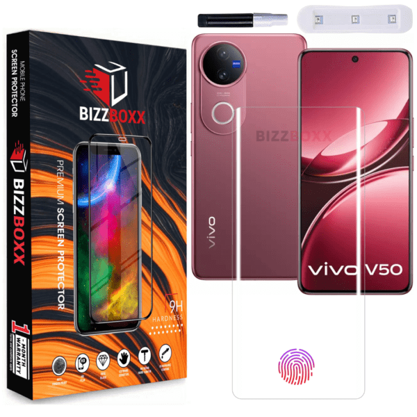OPPO vivo V50 5G Full Glue Tempered Glass Screen Protector Guard With Curved Edges - High Definition, UV Glue Not Required (6.77 Inch, Pack of 1) - BizzBoxx