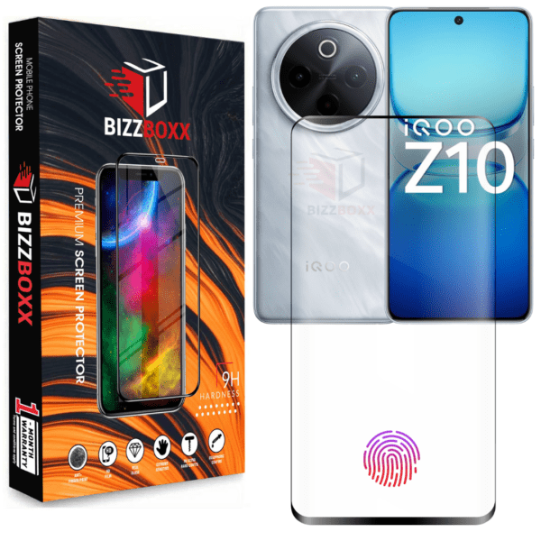 IQOO Z10 5G - Full Glue Tempered Glass Screen Protector for Fingerprint Working, Curved Nano Fiber Guard, UV Glue Glass With Installation Kit (Pack of 1) โ BizzBoxx