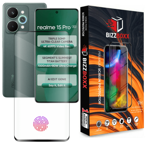 Realme 15 Pro 5G Full Glue Tempered Glass Screen Protector Guard With Curved Edges – High Definition, UV Glue Not Required Pack of 1) – BizzBoxx