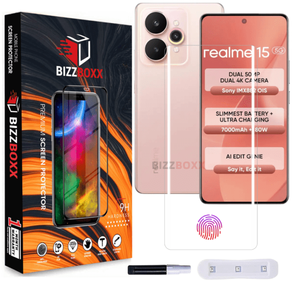 Realme 15 UV Tempered Glass Screen Protector Guard With Curved Edges – High Definition, UV Glue Not Required ( Pack of 1) – BizzBoxx