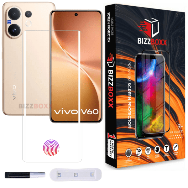 Vivo V60 UV Tempered Glass Screen Protector Guard With Curved Edges – High Definition, UV Glue Not Required (Pack of 1) – BizzBoxx