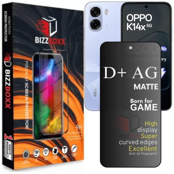 OPPO K14x 5G D+ AG Matte Tempered Glass Screen Guard Protector Temper Glass Anti Fingerprint Gaming Special With Camera Cut (For Oppo K 14X - 6.75 Inch)- (Pack of 1)-BizzBoxx